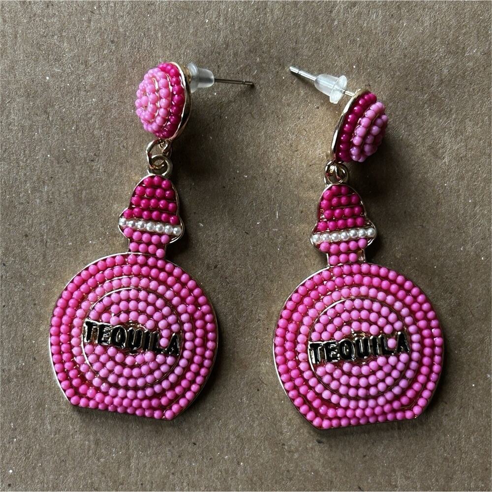 Handcrafted Pink Beaded Tequila Bottle Dangle Earrings Gold Tone Party Theme